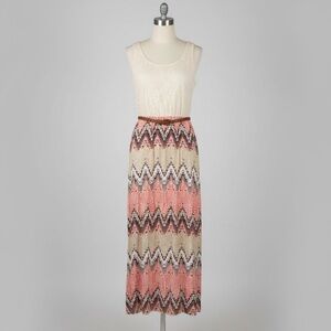Boho Chevron Maxi Dress Lace Bodice Coral Tribal Print Belted 3X